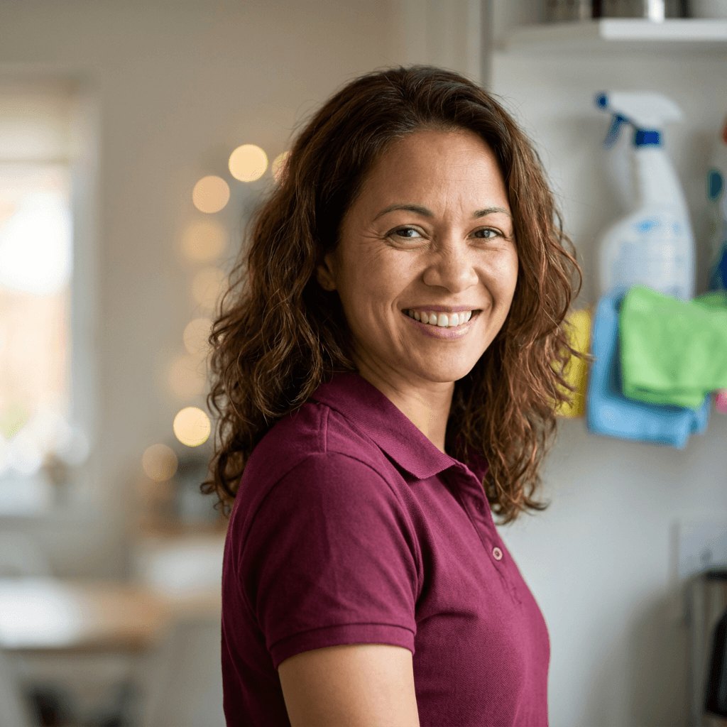 Middle aged woman smiling in bright kitchen