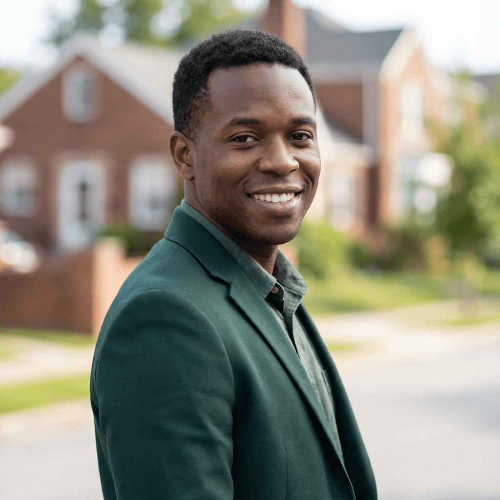 Property manager in his mid 30s, Black, professional and direct appearance