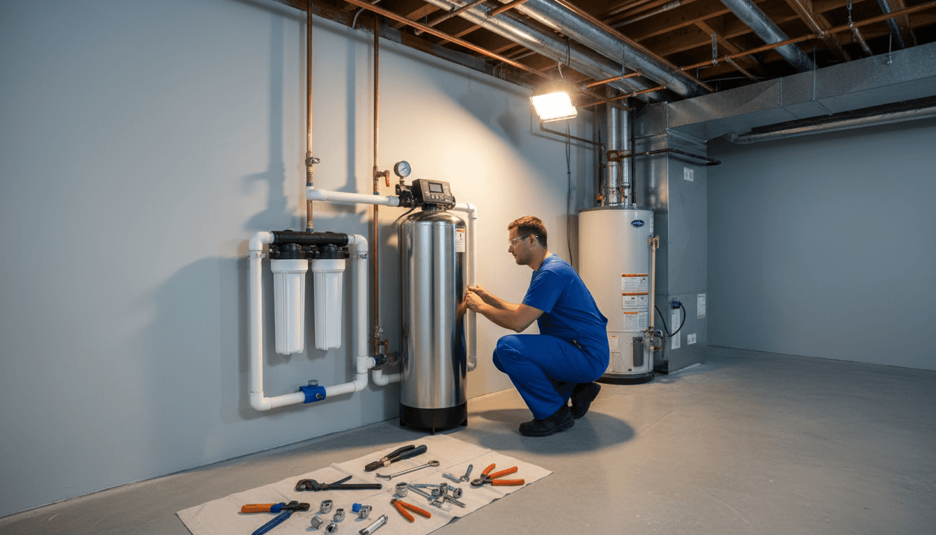 Technician installing a water filtration system for a Toronto home