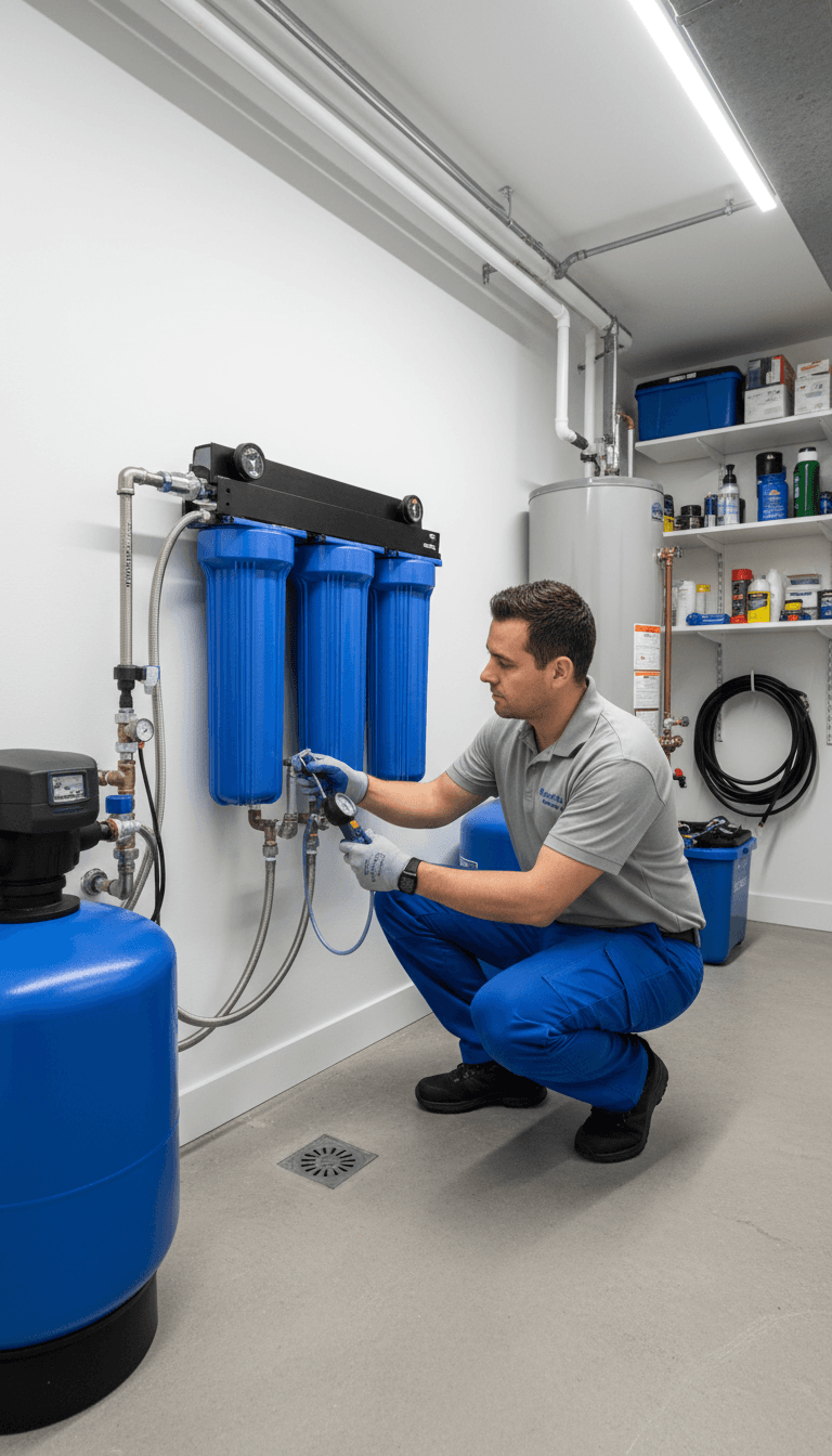 Technician inspecting a water filtration system