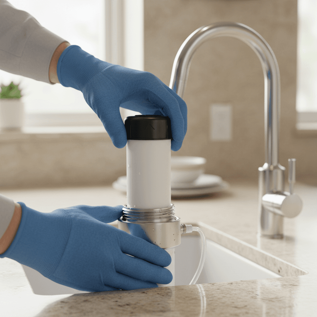Technician inspecting a water filtration system under a sink
