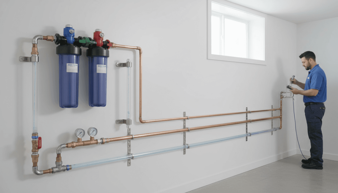 Technician servicing a water filtration system in a Toronto home
