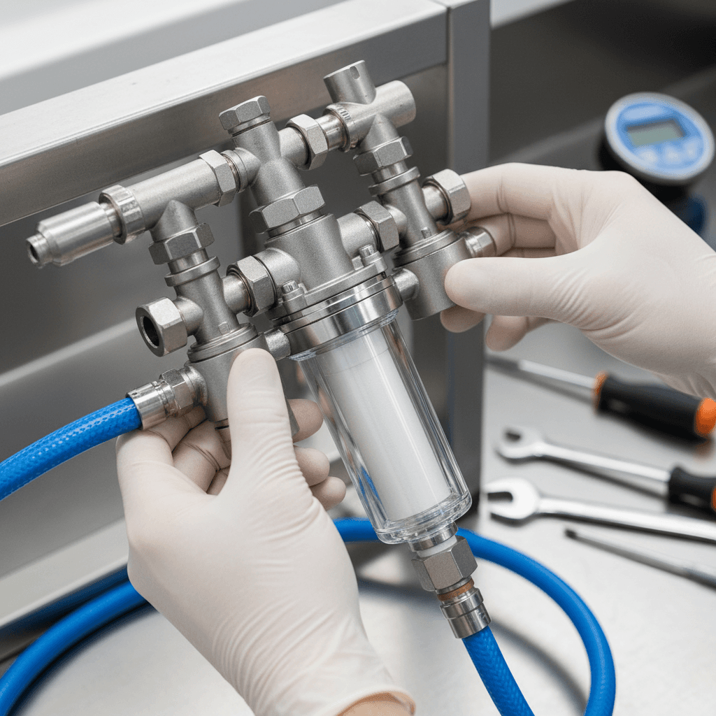 Professional technician inspecting water filtration equipment