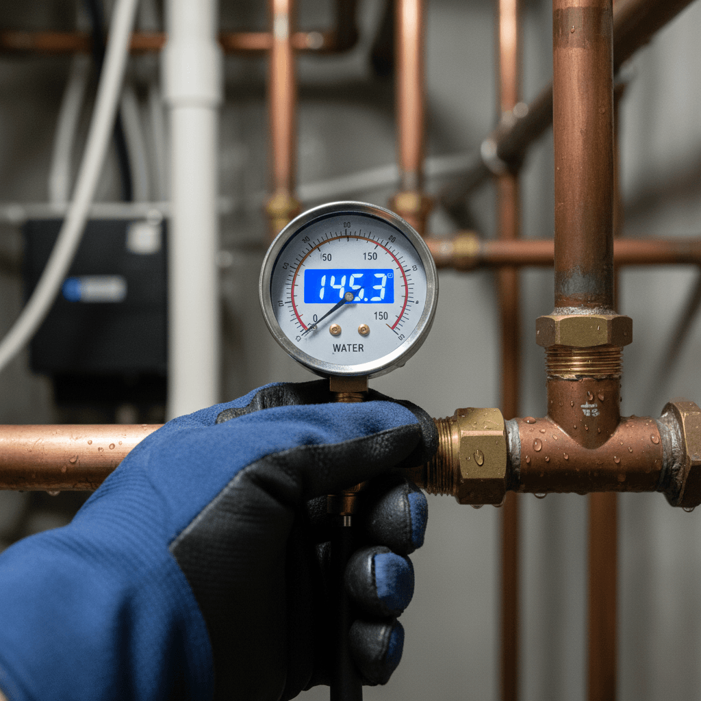 Technician checking a water pump pressure gauge