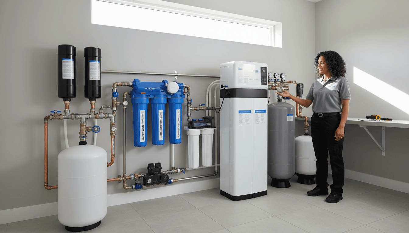 Water softener system installed next to a water heater